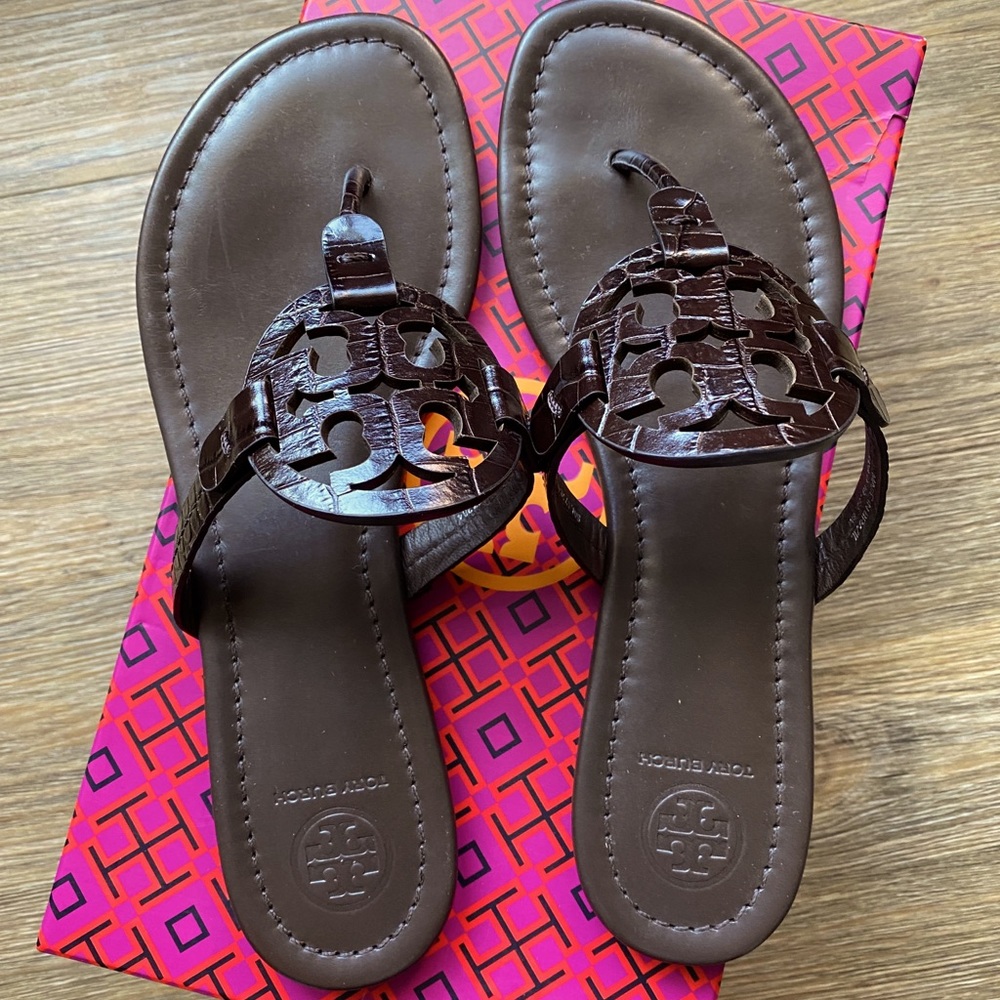 Miller Thong Sandals Croc Embossed Leather.